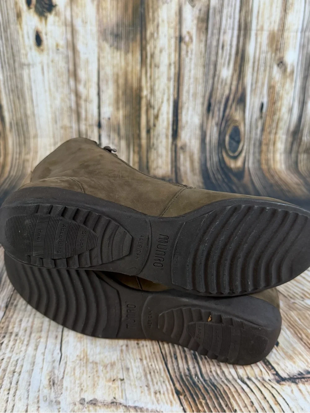 Munro American Nubuck Ankle Boots Womens 8.5 N Olive Brown Double Zip Wedge